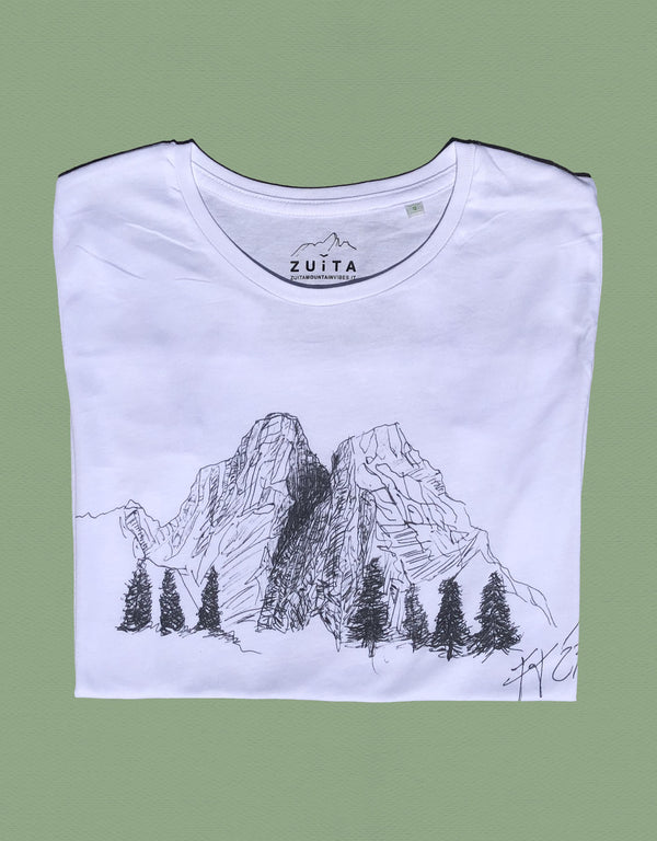Maglietta a maniche corte bianca con disegno del monte Pelmo, Dolomiti di Zoldo (BL).