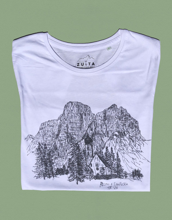 Maglietta a maniche corte bianca con disegno del monte Pelmo e della chiesetta di Santa Fosca, Val Fiorentina (BL).