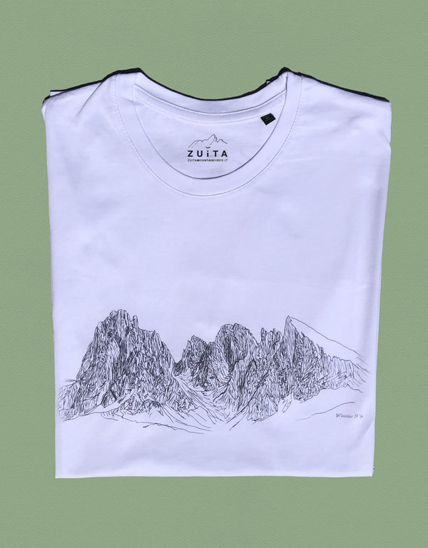 Maglietta a maniche corte bianca con disegno del Sassolungo, Dolomiti, Val Gardena.