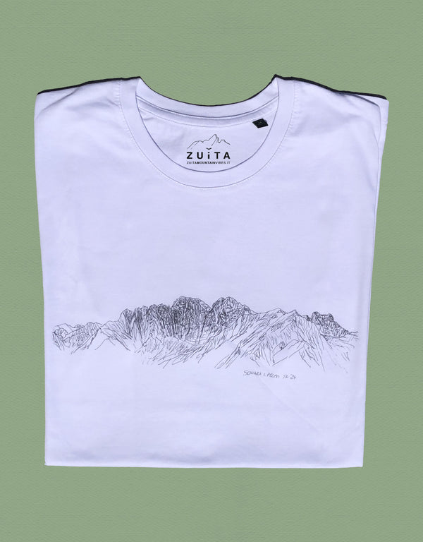 Maglietta a maniche corte bianca con disegno dei monti Schiara e Pelmo visti dalla cima del Col Visentin.