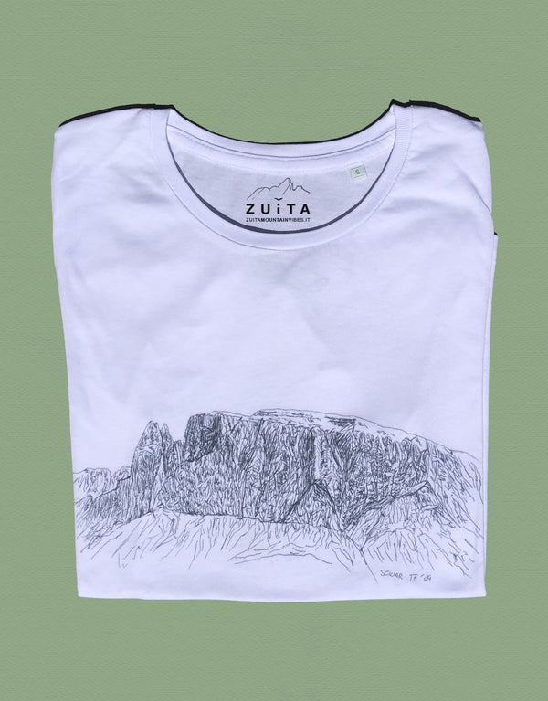 Maglietta a maniche corte bianca con disegno del massiccio dello Sciliar, Trentino-Alto Adige.
