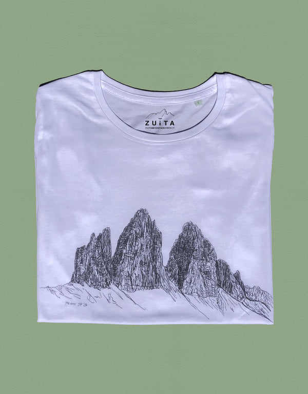 Maglietta a maniche corte bianca con disegno delle Tre Cime di Lavaredo, Dolomiti.