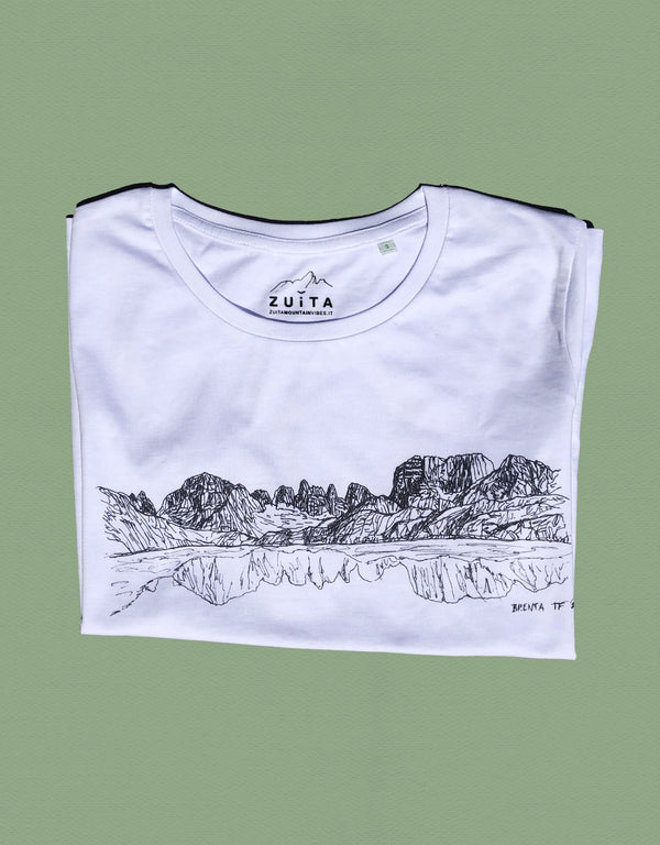 Maglietta a maniche corte bianca con disegno delle Dolomi del Brenta, Alpi Retiche, Alpi Sud-orientali.