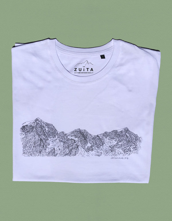 Maglietta a maniche corte bianca con disegno del gruppo dell'Ortles, Alpi Retiche, Meridionali.